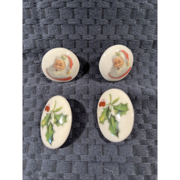 Vintage Jewelry - Christmas  Vintage Colorful Painted Glazed Ceramic Button Earrings Post Backs